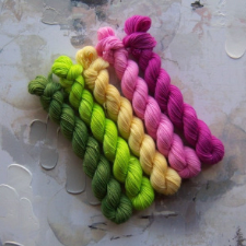 Six mini skeins in medium green, bright spring green, yellow, pink and fuchsia.