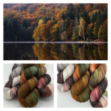 Fall trees along a lakefront, with variegated skeins in three interpretations of fall leaves.