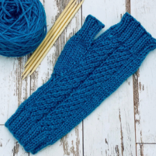 Fingerless mittens with two twists running the length of the mitt.
