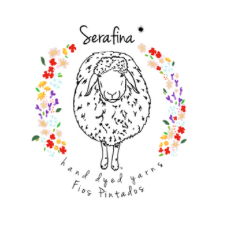 Line drawing of sheep surrounded by colorful floral arch and the words Serafina Hand Dyed Yarns, Fios Pentados.