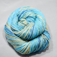 Pale aqua yarn with a bit of marling, and accents of deeper blue and pale blond.