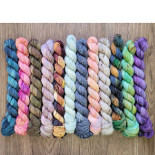 12 variegated, tonal and semi-solid mini-skeins in blues, pinks, greens, and browns.