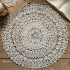 Forty inch or 102 centimeter diameter round doily worked in number 10 crochet thread starts in the center with beginner-level stitches and proceeds to intermediate and challenging stitches. Breathtaking.