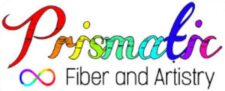 Prismatic Fiber and Artistry logo. The word Prismatic is in script and starts in red then transitions through the rainbow. Next to Fiber and Artistry is a rainbow infinity symbol. 