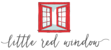 Drawing of paned windows opening outward with a view of blue sky and a fluffy cloud, with the words Little Red Window in handwriting script below.