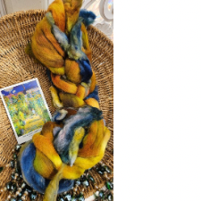 Small image of The Artist’s Garden by Monet, with matching roving in oranges, yellows and blues. Fiber is Polwarth, American Churro and curly lamb fiber.