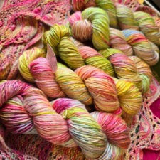 Bright pinks, greens and yellows,