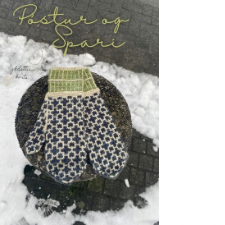 Colorwork mittens with green vertical stripes on the cuffs and a geometric pattern of white chain links on a black background.