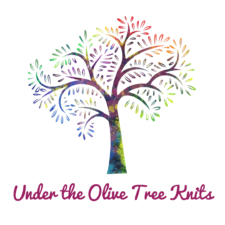 Watercolor of tree that says Under the Olive Tree Knits