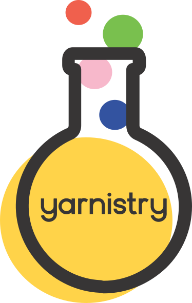 Chemistry flask with multicolor bubbles and the word Yarnistry.